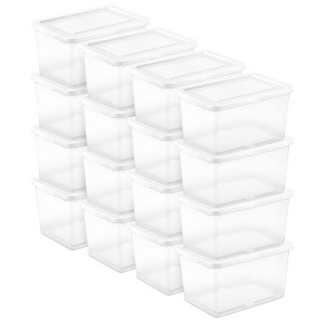 Sterilite Storage Box, 20 Quart Stackable Tote, Clear Plastic Container with Secure Snapping Lids for Home and Office Organization, White, 16 Pack - 1 of 4