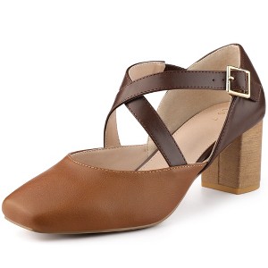Allegra K Women's Cross Strap Buckle Closure Chunky Heels Ballet Pumps - 1 of 4