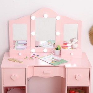 31.5'' Kids Vanity Set w/Tri-Fold Mirror & Stool, 2-In-1 Wooden Toddler Vanity Table with Stool, Convertible to Desk, CPSIA Certified (Pink/White) - 1 of 4