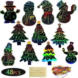 48 Pack Scratch Art Christmas Ornaments with Ribbons and Styluses, Magic Scratch Off Cards for Xmas Tree Decorations and Party Crafts - 1 of 3