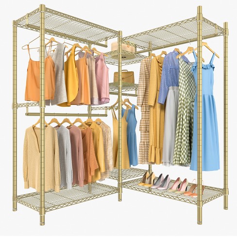 Brown/ Black Wood Industrial Clothing rack with shelves, 5-Tier Clothes  Garment Rack Closet Organizer System with Hanging Rod