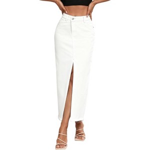 Women's High Waist Maxi Denim Skirt - A-Line Stretch Long Skirt with Front Split & Raw Hem 9010white - 1 of 4