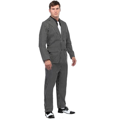 party costume of a 1920s gangster, black and white pinstripe trousers, and  matching vest, black shirt …