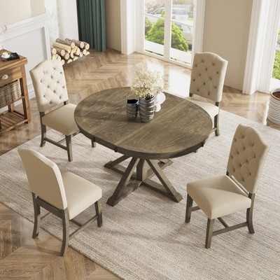 Functional Furniture Retro Style Dining Table Set with Extendable Table and 4 Upholstered Chairs for Dining Room and Living Room