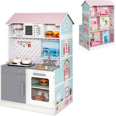 Costzon 2-in-1 Kids Kitchen Playset & Dollhouse, Wooden Pretend Chef Set with Cookware, 3.25FT Doll House with Furniture, Gift for Toddlers 3+ (Girls)