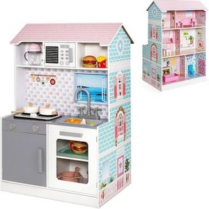Costzon 2-in-1 Kids Kitchen Playset & Dollhouse, Wooden Pretend Chef Set with Cookware, 3.25FT Doll House with Furniture, Gift for Toddlers 3+ (Girls) - 1 of 4