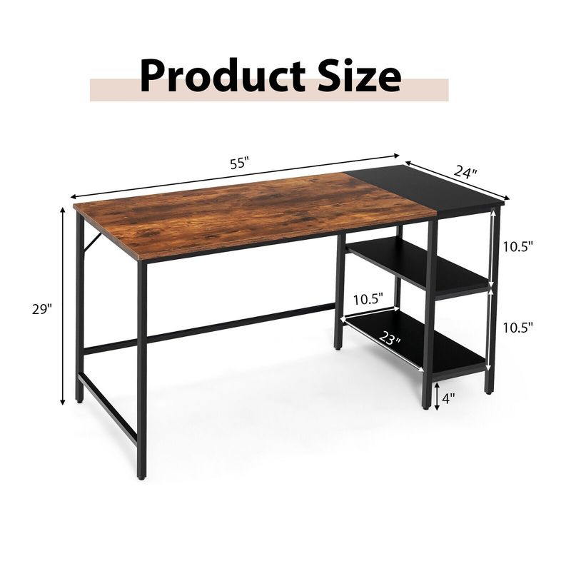 Costway 55'' Computer Desk Writing Workstation Study Table Home Office with Bookshelf Black/Rustic, 4 of 11