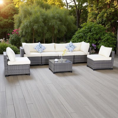 7-Piece Outdoor Patio Rattan Modular Sectional Sofa Set with Tempered Glass Coffee Table, Free Combination