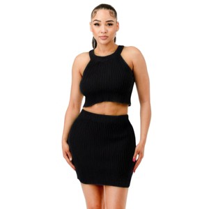 Slickblue Women's Halter Neck Tank Top and Bodycon Mini Skirt Set, Two Piece Outfit, Denim Blue/Black, S-L - 1 of 4