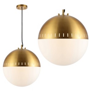15.75" Adjustable Iron and Glass Remy Art Deco Mid Century Globe LED Pendant Brass and Gold - Jonathan Y: UL Listed, Frosted Glass - 1 of 4