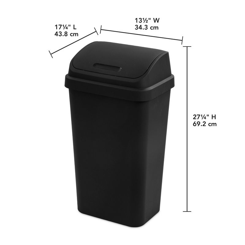 Sterilite 13 Gallon Plastic Swing Top Spave Saving Flat Side Lidded Wastebasket Trash Can for Kitchen, Garage, or Workspace, Black (16 Pack), 4 of 7