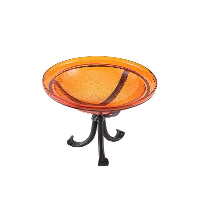 Mandarin Orange Crackle Glass Birdbath with Wrought Iron Tripod Stand