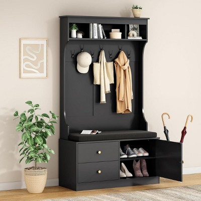 SEVOBAL Freestanding Coat Racks Farmhouse Hall Tree with Bench and Storage, Entryway Organizer with 7 Hooks for Farm Lovers, Black, 70.9"*40.1"*19.7"