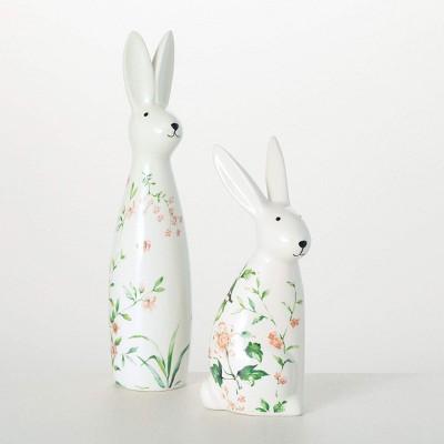 Sullivans 12" & 9" Floral Bunny Figurine Set of 2, Ceramic
