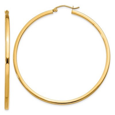 Black Bow Jewelry 2mm, 14k Yellow Gold Square Tube Round Hoop Earrings, 55mm (2 1/8 In)
