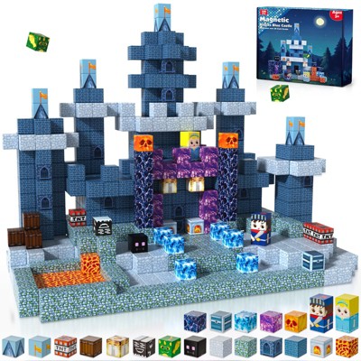 Angel Sar 100-Piece Magnetic Building Blocks Set, Blue Castle Theme Stacking Magnet Cubes, STEM Montessori Sensory Toys for Kids Ages 3-9