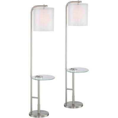 Possini Euro Design Modern Floor Lamps Set of 2 with Tray Table USB Port Brushed Nickel Dual Layer Shade for Living Room Office