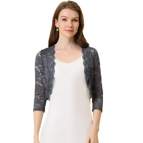 Allegra K Women's Elegant 3/4 Sleeve Sheer Floral Lace Shrug Dark Gray ...