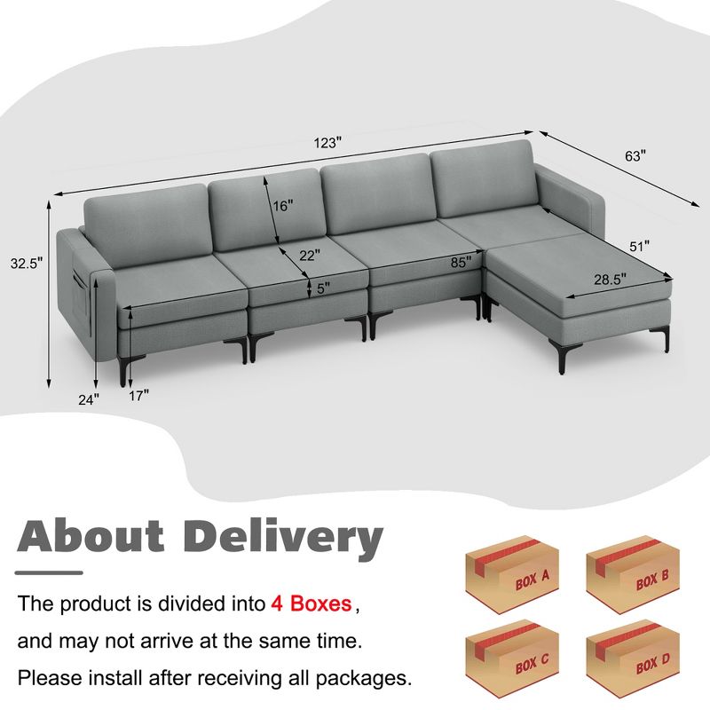 Costway Modular L-shaped Sectional Sofa w/ Reversible Chaise & 4 USB Ports Orange\Dark Grey, 4 of 11