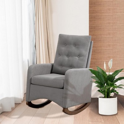 Light Grey Upholstered Rocking Chair with High Back, Side Pocket, rubber Wood Legs—Comfy Nursery or Accent Armchair for Living Room, Bedroom