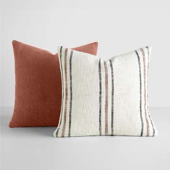2-Pack Yarn-Dyed Patterns Terracotta Throw Pillows - Becky Cameron, Terracotta Yarn-Dyed Framed Stripe / Solid, 20 x 20