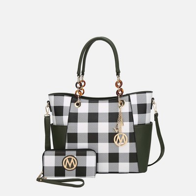 MKF Collection Bonita Checker Tote & Wallet Set - Stylish Vegan Leather Bag by Mia K - Olive
