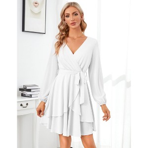 Clearlove Women Mini Dress  Wrap V Neck Long Sleeve Waist Tie Dress Layerd Flowy Flutter Skater Dress - 1 of 4
