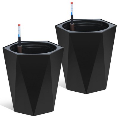 16" Tall Planters Set of 2, Self Watering Plant Pots with Water Level Monitor, Outdoor Planters with Wheels, Indoor Flower Pots, Black