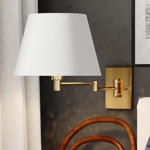 VAXCEL Chapeau Plug-In Brass Cone Motion Sensor Swing Arm Wall Lamp White Linen Shade - 1 of 4