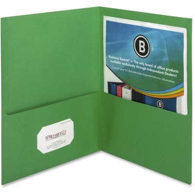 Business Source 2-Pocket Folders 125 Sht Cap Letter 12"x9" 25/BX GREEN 78493