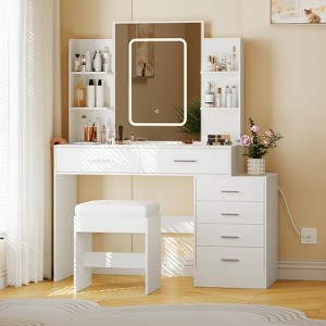 Vanity Desk with Mirror and Lights, Makeup Vanity Set with 6 Drawers and Shelves, Vanity with Charging Station - 1 of 4