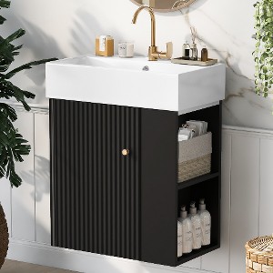 Lyngins 21.6" Storage Bathroom Vanity, Freestanding Vanity with Ceramic Sink & Overflow, Bathroom Storage Cabinet, Small-to-Medium Bathrooms - 1 of 4