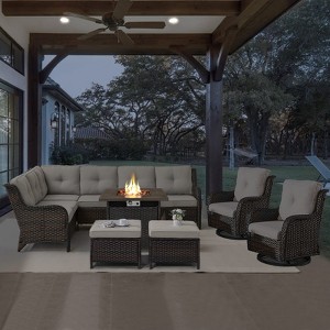 POCASSY 7-Piece Outdoor Furniture Set with Propane Fire Pit Table, Outdoor Living Set with All-Weather Brown Wicker Sectional Sofa and Swivel Chair - 1 of 4