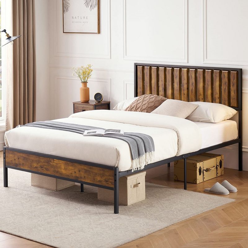 Full Size Bed Frame with Wood Headboard,Metal Bed Frame with 14 Heavy Duty Steel Slats,No Box Spring Needed,Noise-Free,Retro Brown, 1 of 9
