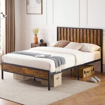 Full Size Bed Frame with Wood Headboard,Metal Bed Frame with 14 Heavy Duty Steel Slats,No Box Spring Needed,Noise-Free,Retro Brown