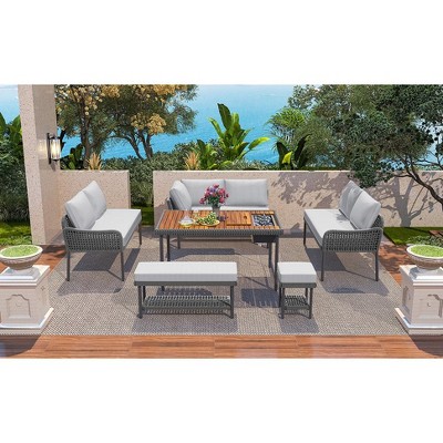 YOOCOZZ 6-Piece Rope L-Shaped Set with Acacia Wood Table and Rope Benches