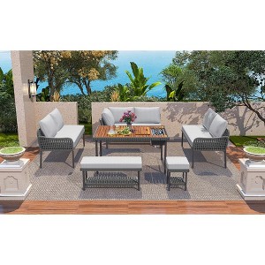 YOOCOZZ 6-Piece Rope L-Shaped Set with Acacia Wood Table and Rope Benches - 1 of 4