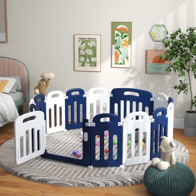 Blue and White Foldable Baby Playpen with Anti-Slip Base