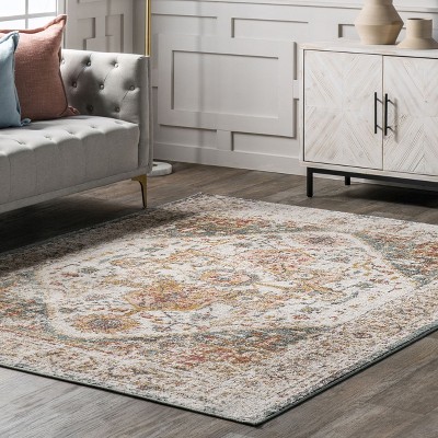 Beige Medallion Rectangular Easy Care Synthetic Rug