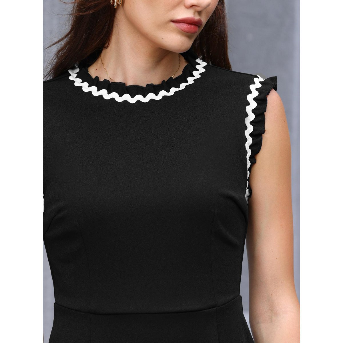 Женские платья INSPIRE CHIC Women's Ruffled Sleeveless Mock Neck 2026 Color Block Office Sheath Midi Dresses Medium Black — фото 4
