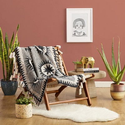 Soleil Cream and Black Polyester Acrylic Throw Blanket with Tassels