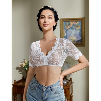 Women's White Lace Crop Top - Short Sleeve Adjustable Tie-Front Shirt