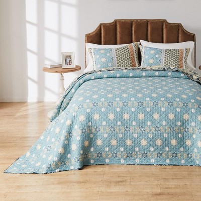 Thalia Blue and Brown Cotton King Reversible Bedspread Set