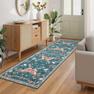 Butterfly Washable Rug - Non-Slip Floral Carpet, Soft Non-Shedding Low Pile Floor Mat for Nursery Dining Room - 1 of 4