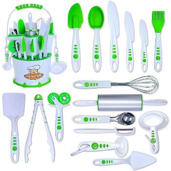 Curious Chef 30-Piece Caddy Collection Cookware, White/Green, Dishwasher Safe, BPA-Free Plastic, Includes Real Utensils