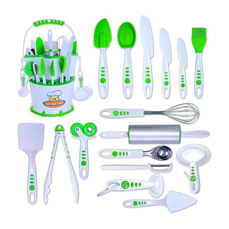 Curious Chef 30-Piece Caddy Collection Cookware, White/Green, Dishwasher Safe, BPA-Free Plastic, Includes Real Utensils, 1 of 6