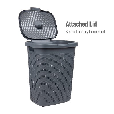 Gray Collapsible Wicker Design Upright Laundry Hamper with Lid