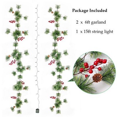WOPET 12ft Christmas Garland with Lights - 2 Pack Smokey Pine Garland with Red Berries, Battery Operated for Indoor/Outdoor Decor