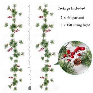 WOPET 12ft Christmas Garland with Lights - 2 Pack Smokey Pine Garland with Red Berries, Battery Operated for Indoor/Outdoor Decor - 1 of 1