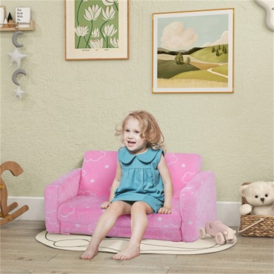SKRAN 2-in-1 Kids Sofa Chair,Toddler Couch with Glow in The Dark Cosmic Pattern,Washable Cover,Fold Out Convertible Sofa to Lounger for Playroom, Pink